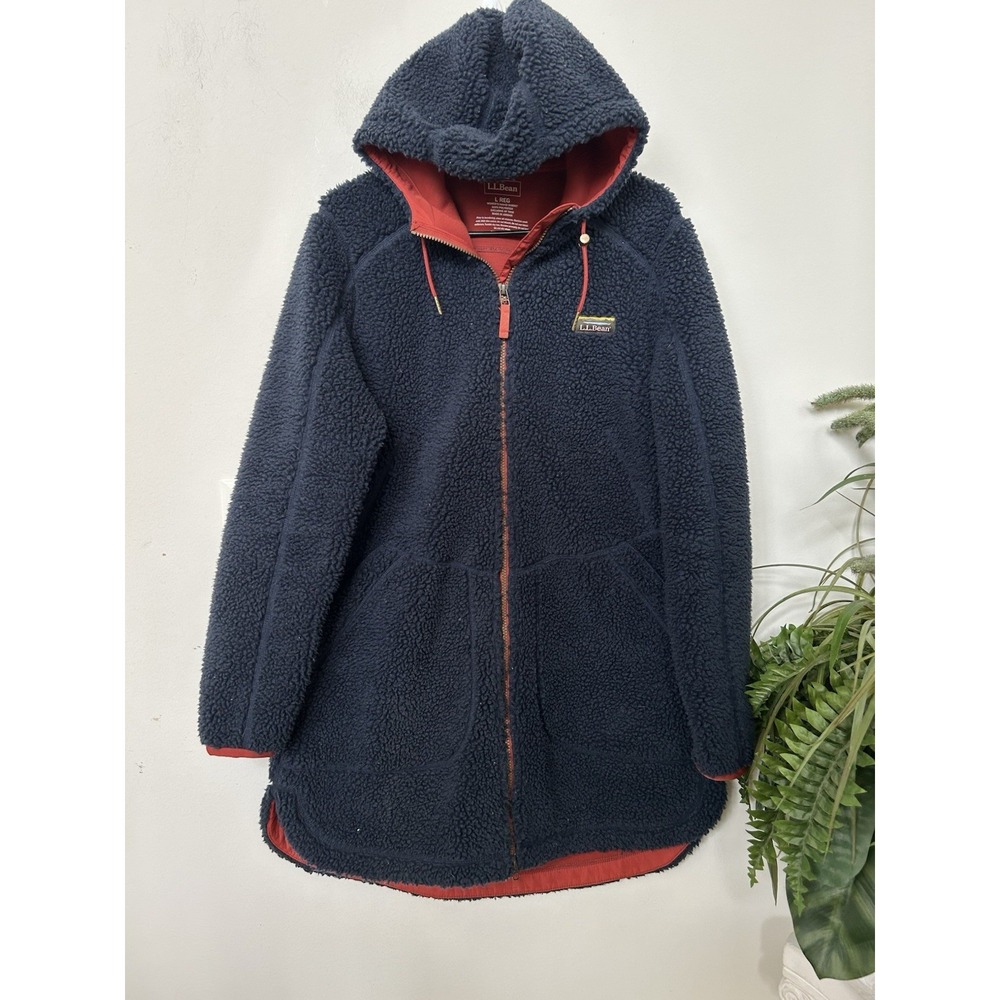 LL Bean Mountain Pile Fleece Coat L Womens Navy Blue Sherpa Parka Hooded Granola